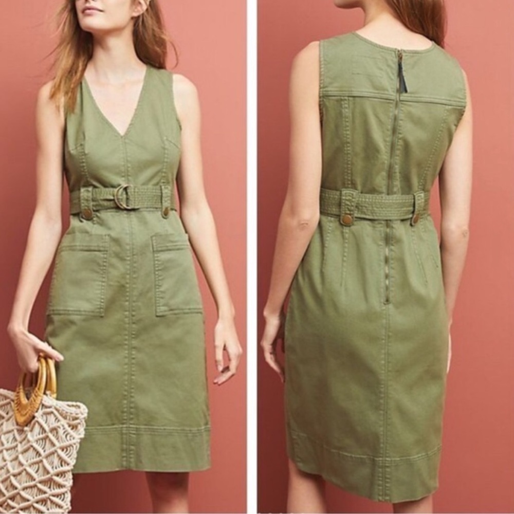 Anthropologie Maeve Oona Utility Dress Belted Sleeveless Green Sz 0